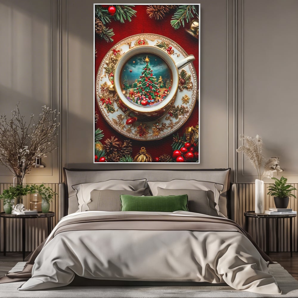 Tablou Canvas Premium, LuxCanva® D1134, Magie in ceasca, Miniatura, Boabe, Cafea, Ceasca, Farfurie, Ornament, Conuri, Brad, Crengute, Atmosfera, Calda, Craciun, Living, Dormitor