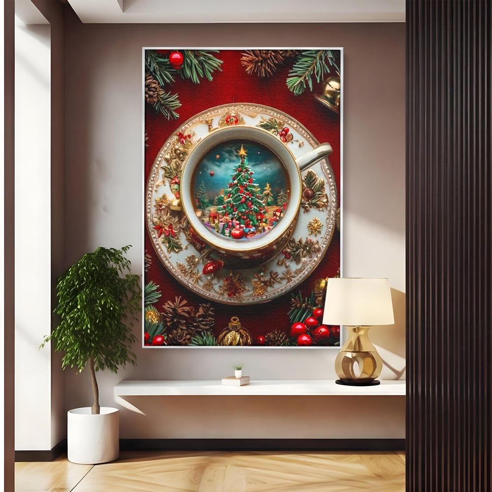 Tablou Canvas Premium, LuxCanva® D1134, Magie in ceasca, Miniatura, Boabe, Cafea, Ceasca, Farfurie, Ornament, Conuri, Brad, Crengute, Atmosfera, Calda, Craciun, Living, Dormitor