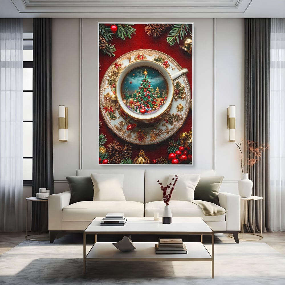 Tablou Canvas Premium, LuxCanva® D1134, Magie in ceasca, Miniatura, Boabe, Cafea, Ceasca, Farfurie, Ornament, Conuri, Brad, Crengute, Atmosfera, Calda, Craciun, Living, Dormitor