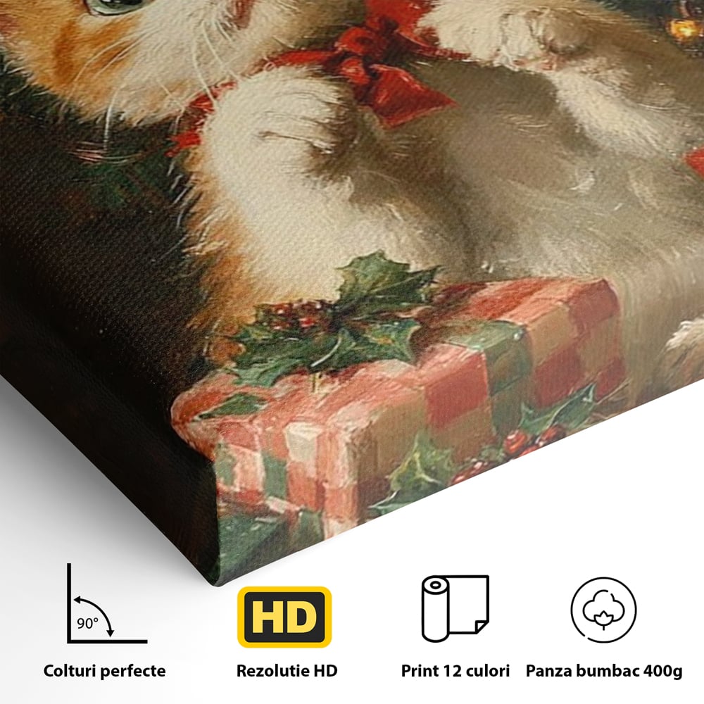 Tablou Canvas Premium, LuxCanva® D1135, Craciunul Unui Ghem de Blana, Pisicuta, Funda, Rosie, Blanita, Labute, Mustati, Brad, Cadou, Pufos, Inocenta, Dar, Living, Dormitor
