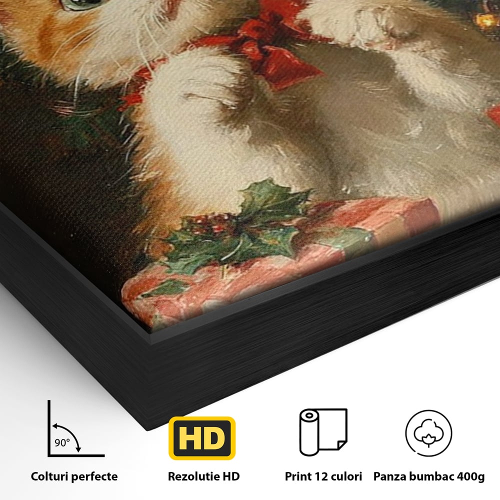 Tablou Canvas Premium, LuxCanva® D1135, Craciunul Unui Ghem de Blana, Pisicuta, Funda, Rosie, Blanita, Labute, Mustati, Brad, Cadou, Pufos, Inocenta, Dar, Living, Dormitor