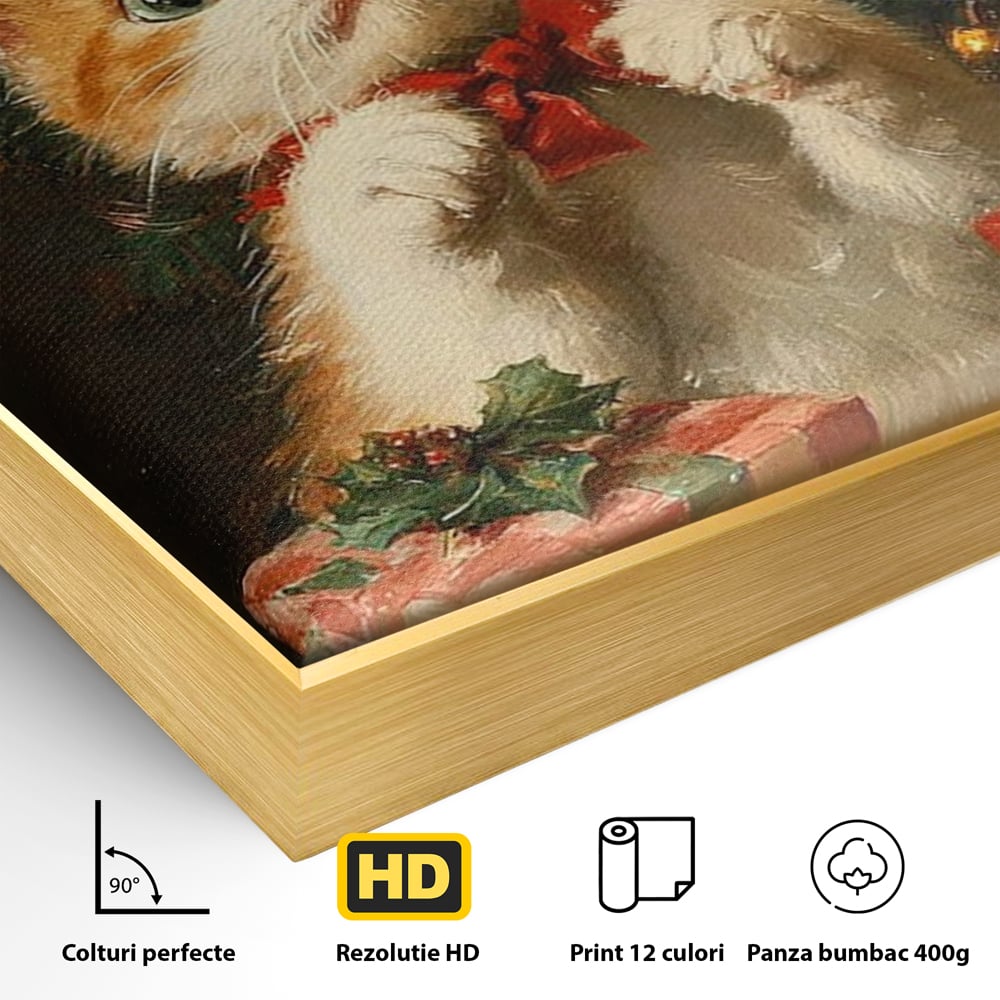 Tablou Canvas Premium, LuxCanva® D1135, Craciunul Unui Ghem de Blana, Pisicuta, Funda, Rosie, Blanita, Labute, Mustati, Brad, Cadou, Pufos, Inocenta, Dar, Living, Dormitor