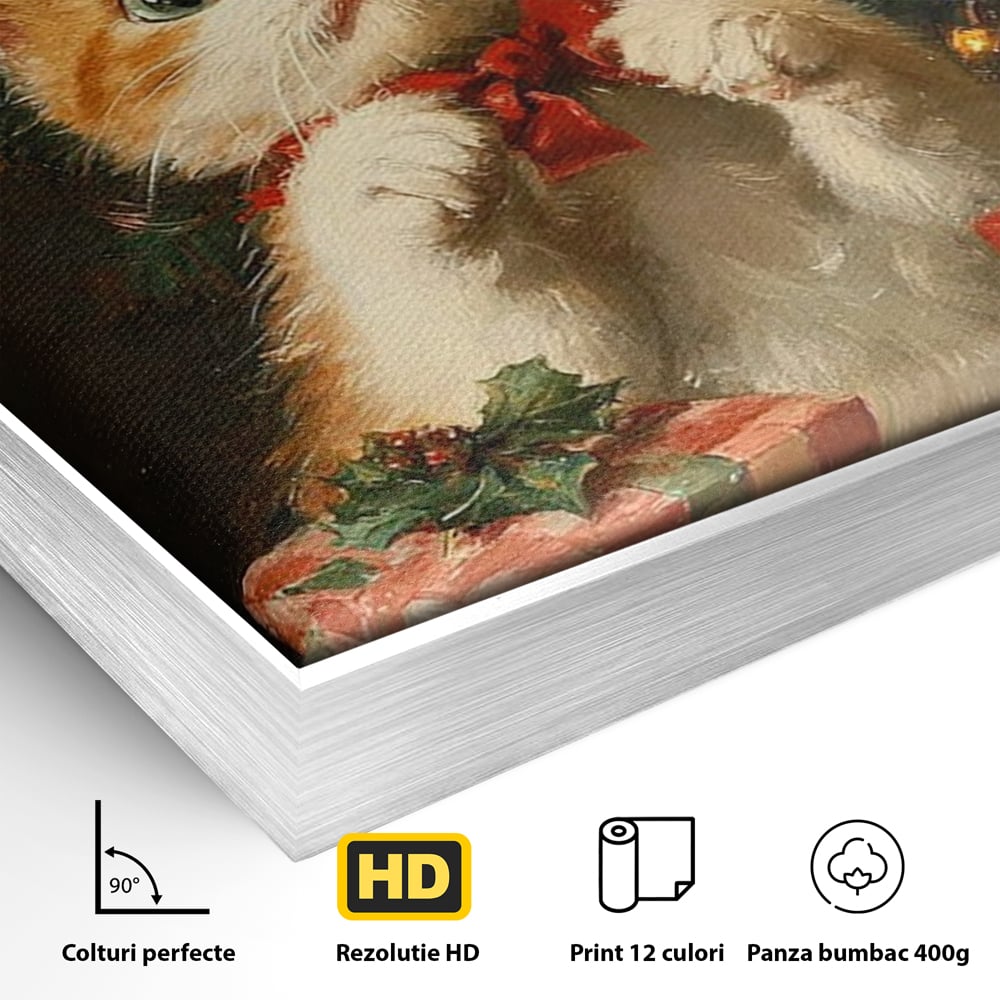 Tablou Canvas Premium, LuxCanva® D1135, Craciunul Unui Ghem de Blana, Pisicuta, Funda, Rosie, Blanita, Labute, Mustati, Brad, Cadou, Pufos, Inocenta, Dar, Living, Dormitor