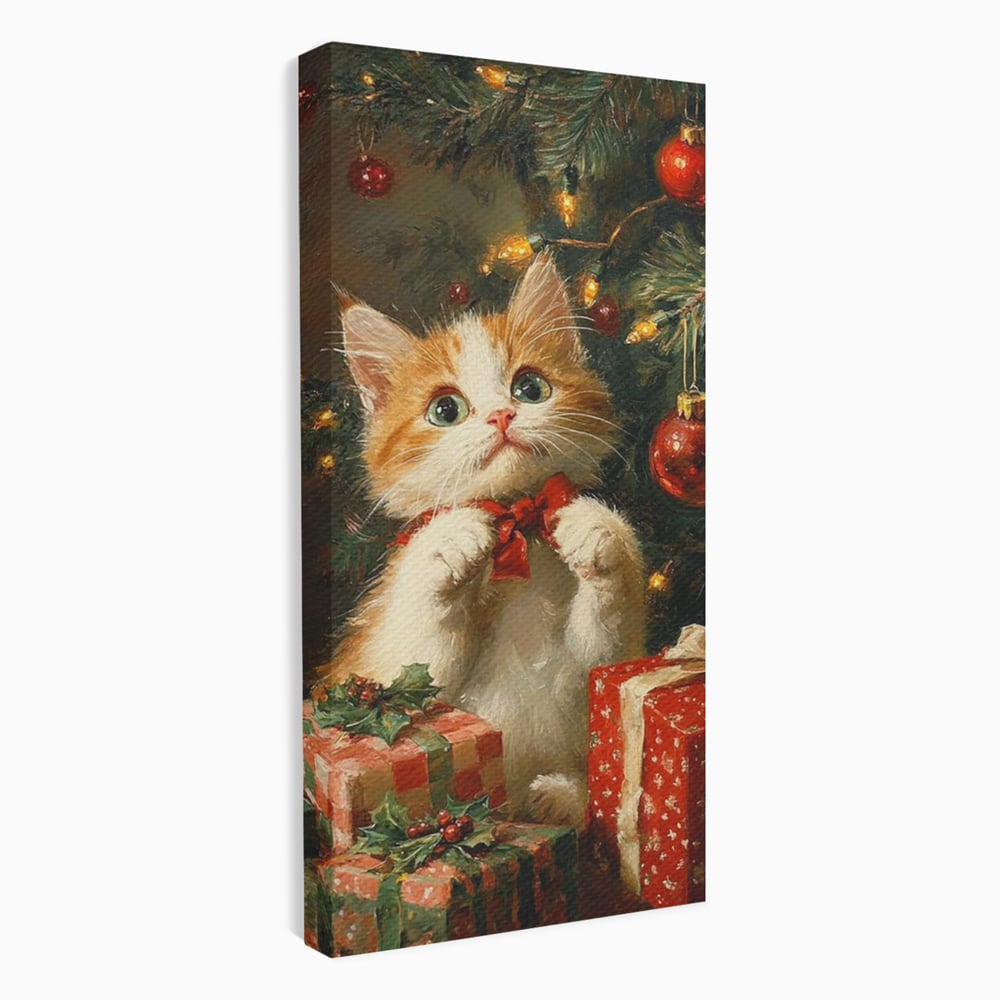 Tablou Canvas Premium, LuxCanva® D1135, Craciunul Unui Ghem de Blana, Pisicuta, Funda, Rosie, Blanita, Labute, Mustati, Brad, Cadou, Pufos, Inocenta, Dar, Living, Dormitor