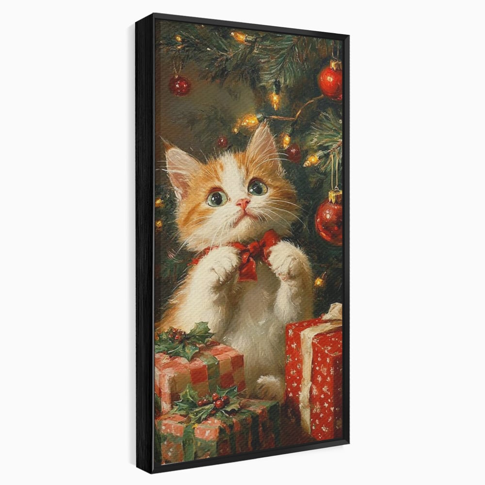 Tablou Canvas Premium, LuxCanva® D1135, Craciunul Unui Ghem de Blana, Pisicuta, Funda, Rosie, Blanita, Labute, Mustati, Brad, Cadou, Pufos, Inocenta, Dar, Living, Dormitor