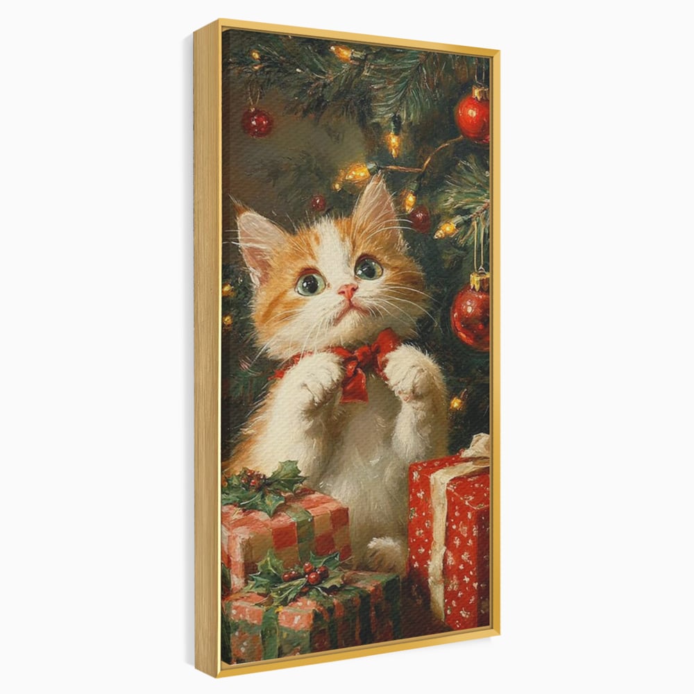 Tablou Canvas Premium, LuxCanva® D1135, Craciunul Unui Ghem de Blana, Pisicuta, Funda, Rosie, Blanita, Labute, Mustati, Brad, Cadou, Pufos, Inocenta, Dar, Living, Dormitor