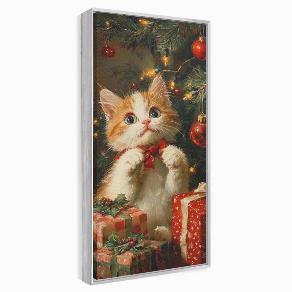 Tablou Canvas Premium, LuxCanva® D1135, Craciunul Unui Ghem de Blana, Pisicuta, Funda, Rosie, Blanita, Labute, Mustati, Brad, Cadou, Pufos, Inocenta, Dar, Living, Dormitor