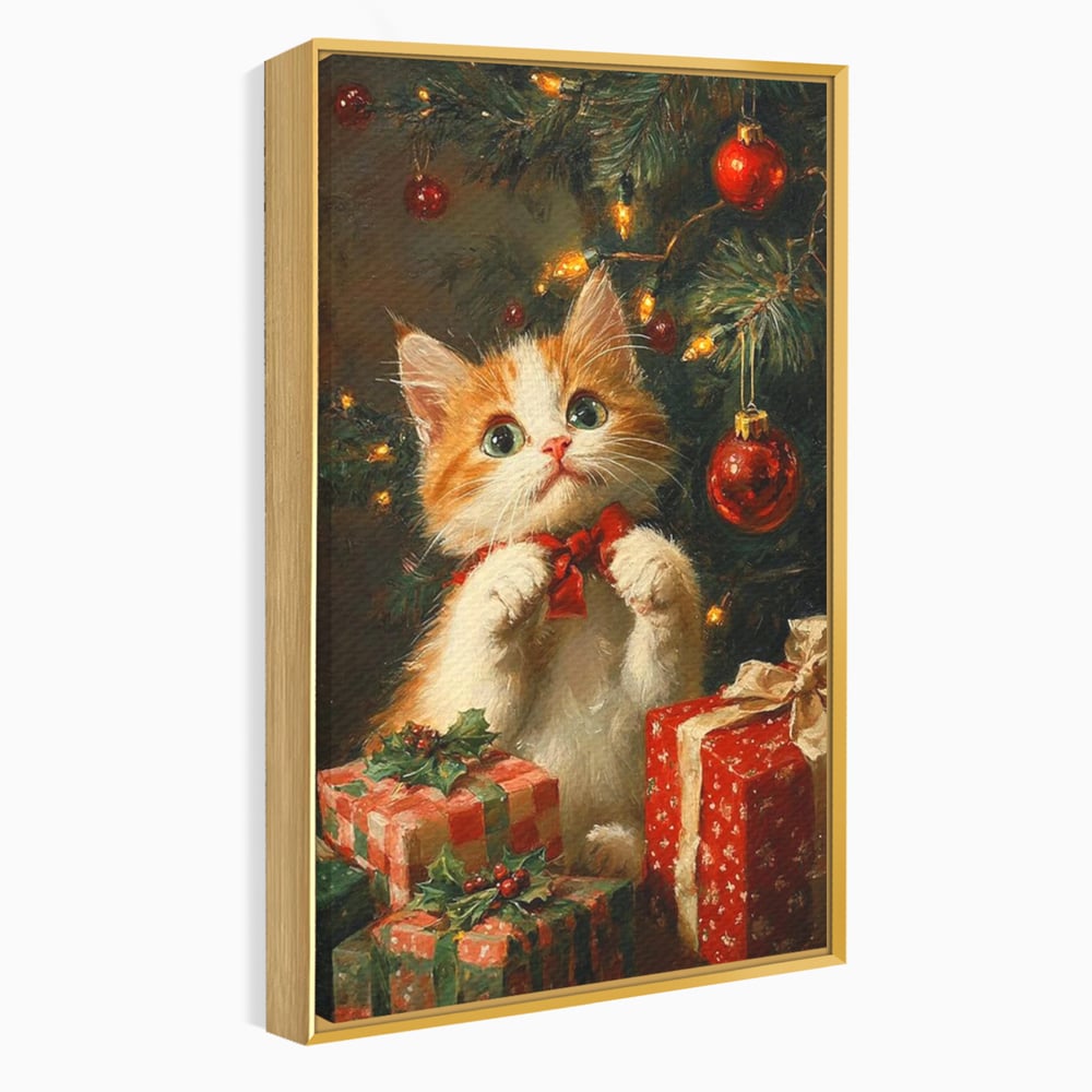 Tablou Canvas Premium, LuxCanva® D1135, Craciunul Unui Ghem de Blana, Pisicuta, Funda, Rosie, Blanita, Labute, Mustati, Brad, Cadou, Pufos, Inocenta, Dar, Living, Dormitor