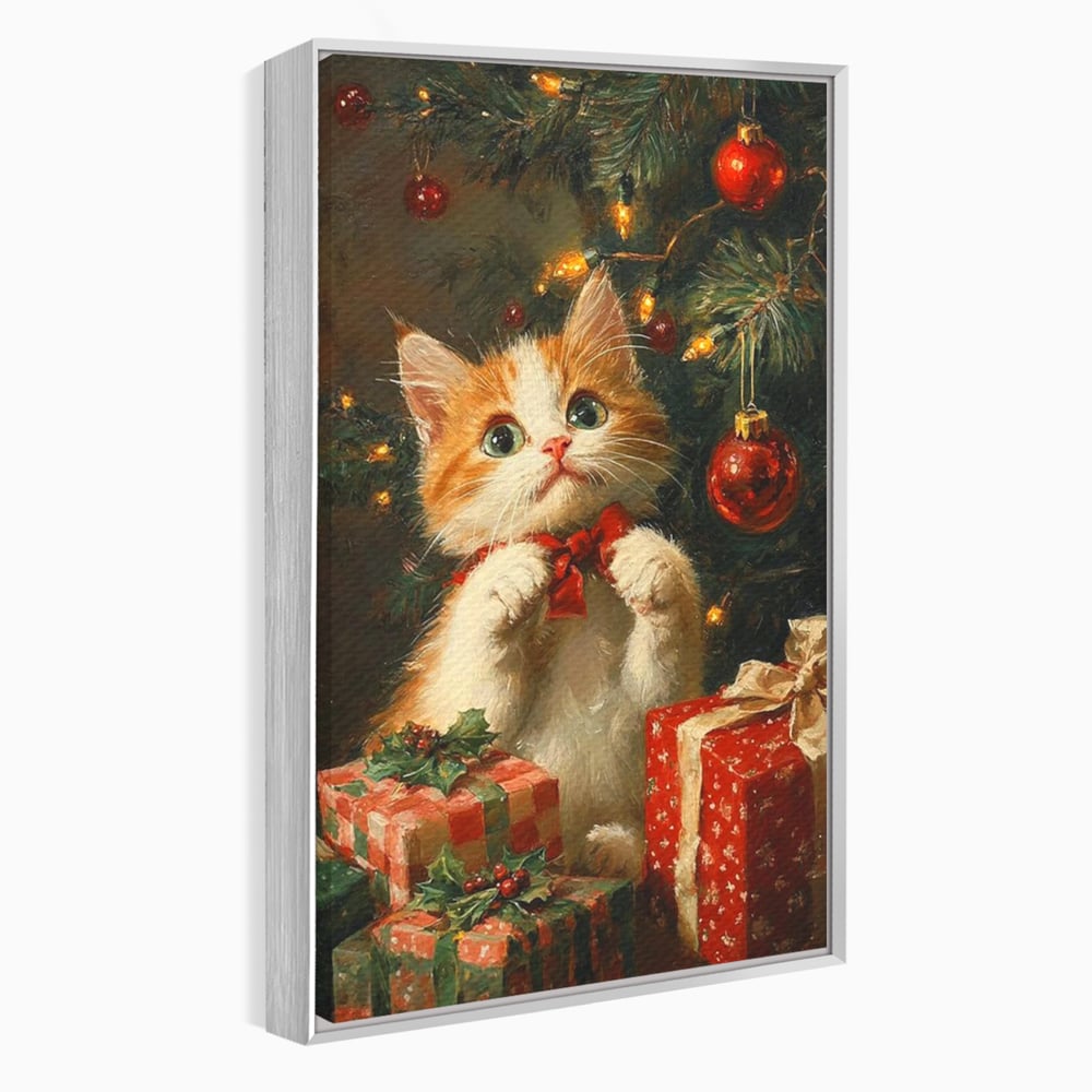 Tablou Canvas Premium, LuxCanva® D1135, Craciunul Unui Ghem de Blana, Pisicuta, Funda, Rosie, Blanita, Labute, Mustati, Brad, Cadou, Pufos, Inocenta, Dar, Living, Dormitor