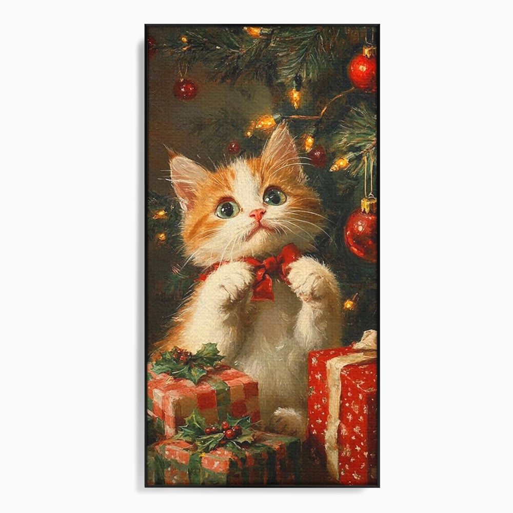 Tablou Canvas Premium, LuxCanva® D1135, Craciunul Unui Ghem de Blana, Pisicuta, Funda, Rosie, Blanita, Labute, Mustati, Brad, Cadou, Pufos, Inocenta, Dar, Living, Dormitor
