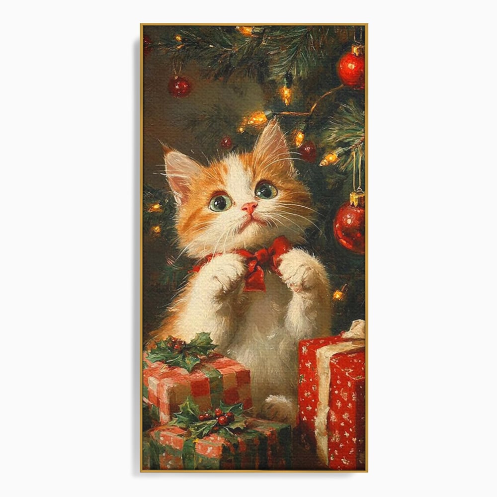 Tablou Canvas Premium, LuxCanva® D1135, Craciunul Unui Ghem de Blana, Pisicuta, Funda, Rosie, Blanita, Labute, Mustati, Brad, Cadou, Pufos, Inocenta, Dar, Living, Dormitor