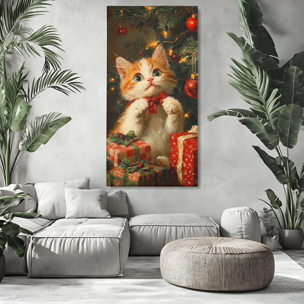 Tablou Canvas Premium, LuxCanva® D1135, Craciunul Unui Ghem de Blana, Pisicuta, Funda, Rosie, Blanita, Labute, Mustati, Brad, Cadou, Pufos, Inocenta, Dar, Living, Dormitor