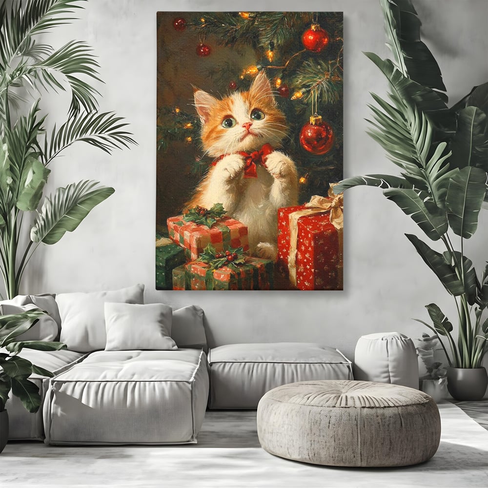 Tablou Canvas Premium, LuxCanva® D1135, Craciunul Unui Ghem de Blana, Pisicuta, Funda, Rosie, Blanita, Labute, Mustati, Brad, Cadou, Pufos, Inocenta, Dar, Living, Dormitor