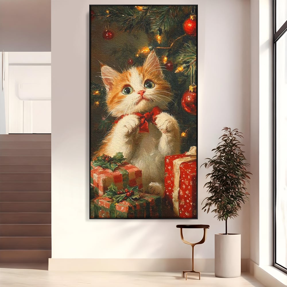 Tablou Canvas Premium, LuxCanva® D1135, Craciunul Unui Ghem de Blana, Pisicuta, Funda, Rosie, Blanita, Labute, Mustati, Brad, Cadou, Pufos, Inocenta, Dar, Living, Dormitor