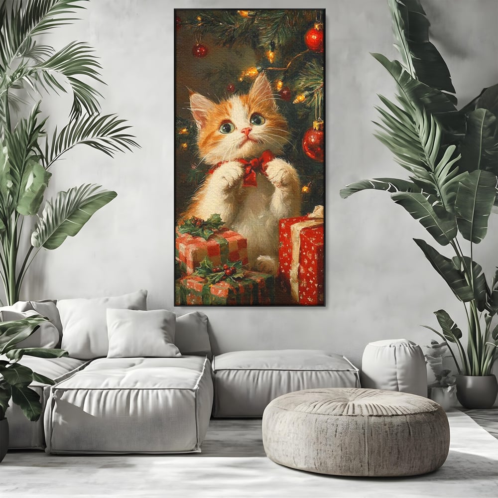 Tablou Canvas Premium, LuxCanva® D1135, Craciunul Unui Ghem de Blana, Pisicuta, Funda, Rosie, Blanita, Labute, Mustati, Brad, Cadou, Pufos, Inocenta, Dar, Living, Dormitor