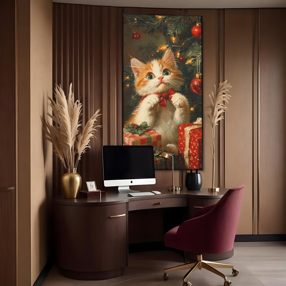 Tablou Canvas Premium, LuxCanva® D1135, Craciunul Unui Ghem de Blana, Pisicuta, Funda, Rosie, Blanita, Labute, Mustati, Brad, Cadou, Pufos, Inocenta, Dar, Living, Dormitor