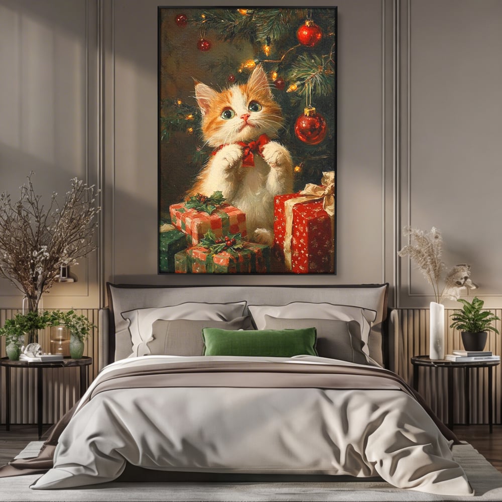 Tablou Canvas Premium, LuxCanva® D1135, Craciunul Unui Ghem de Blana, Pisicuta, Funda, Rosie, Blanita, Labute, Mustati, Brad, Cadou, Pufos, Inocenta, Dar, Living, Dormitor