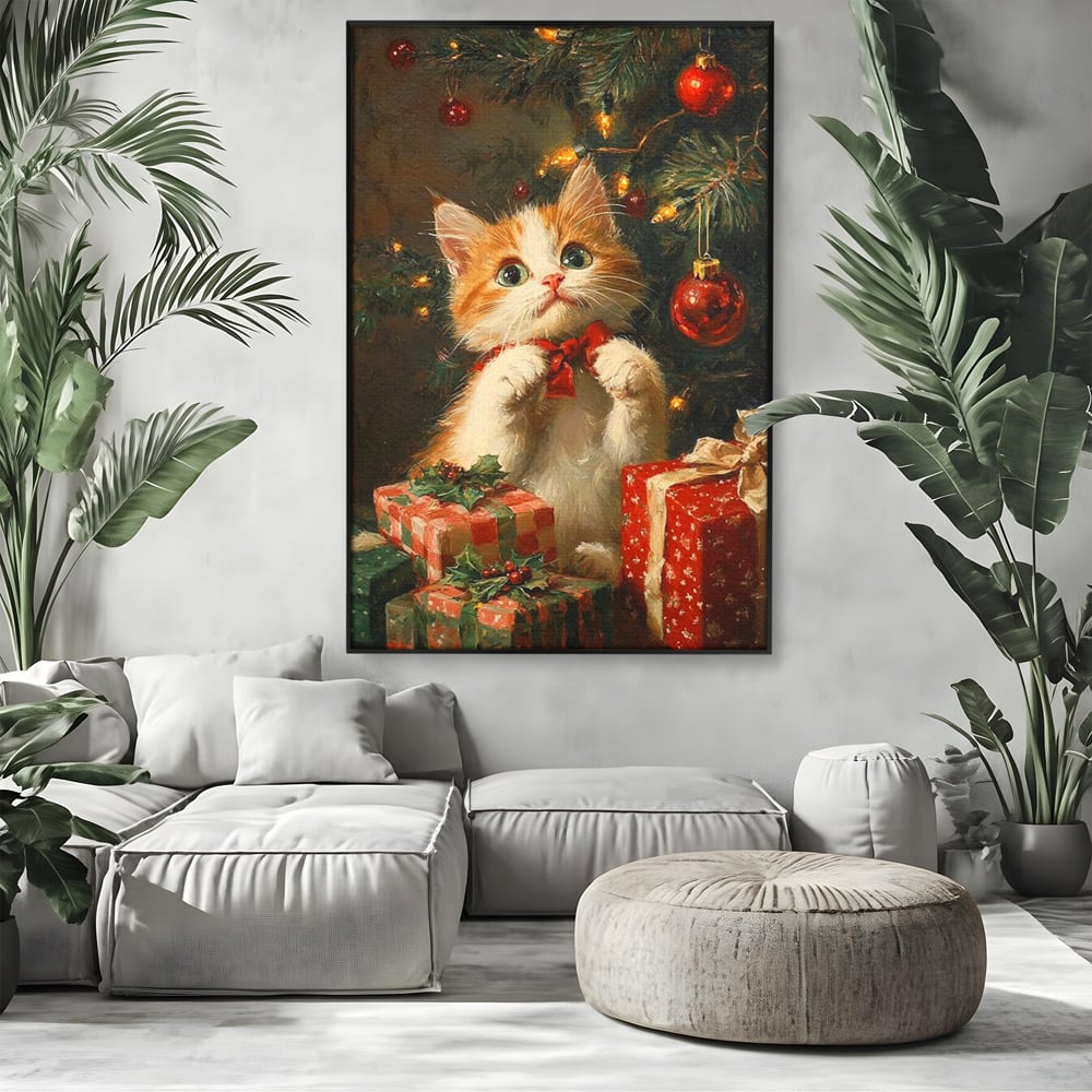 Tablou Canvas Premium, LuxCanva® D1135, Craciunul Unui Ghem de Blana, Pisicuta, Funda, Rosie, Blanita, Labute, Mustati, Brad, Cadou, Pufos, Inocenta, Dar, Living, Dormitor