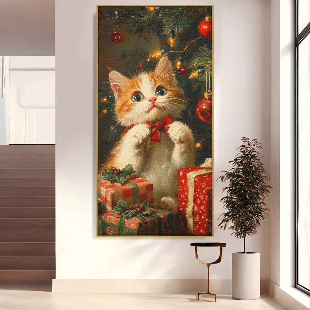 Tablou Canvas Premium, LuxCanva® D1135, Craciunul Unui Ghem de Blana, Pisicuta, Funda, Rosie, Blanita, Labute, Mustati, Brad, Cadou, Pufos, Inocenta, Dar, Living, Dormitor