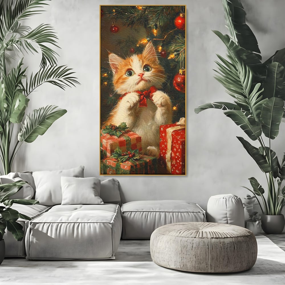 Tablou Canvas Premium, LuxCanva® D1135, Craciunul Unui Ghem de Blana, Pisicuta, Funda, Rosie, Blanita, Labute, Mustati, Brad, Cadou, Pufos, Inocenta, Dar, Living, Dormitor