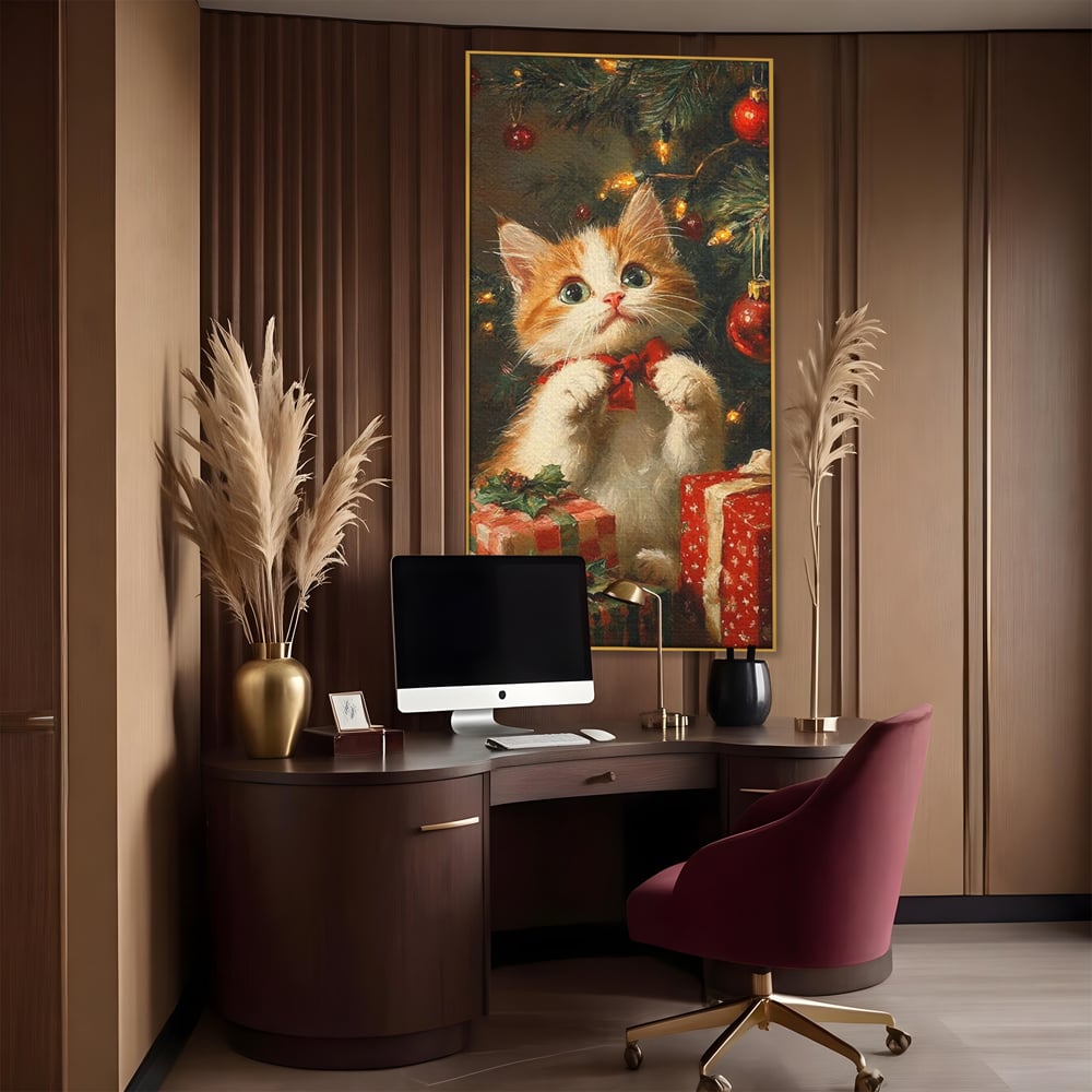 Tablou Canvas Premium, LuxCanva® D1135, Craciunul Unui Ghem de Blana, Pisicuta, Funda, Rosie, Blanita, Labute, Mustati, Brad, Cadou, Pufos, Inocenta, Dar, Living, Dormitor