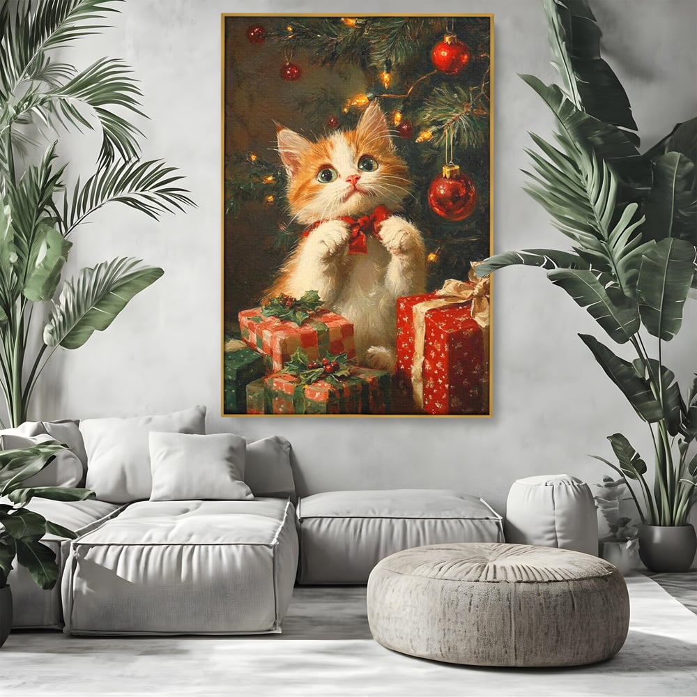 Tablou Canvas Premium, LuxCanva® D1135, Craciunul Unui Ghem de Blana, Pisicuta, Funda, Rosie, Blanita, Labute, Mustati, Brad, Cadou, Pufos, Inocenta, Dar, Living, Dormitor