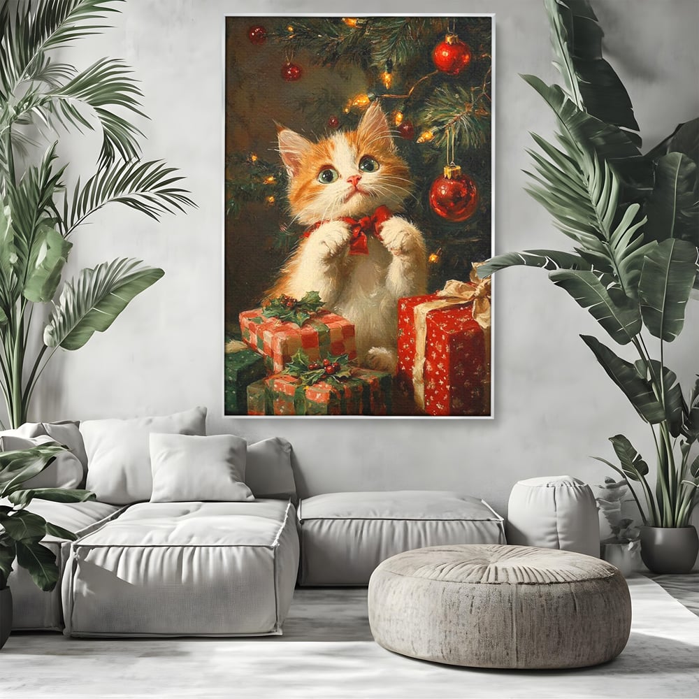 Tablou Canvas Premium, LuxCanva® D1135, Craciunul Unui Ghem de Blana, Pisicuta, Funda, Rosie, Blanita, Labute, Mustati, Brad, Cadou, Pufos, Inocenta, Dar, Living, Dormitor