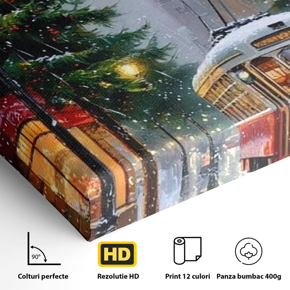 Tablou Canvas Premium, LuxCanva® D1136, Tramvaiul Rosu in Ajun, Iarna, Craciun, Strada, Tramvai, Rosu, Ninsoare, Oras, Urban, Plimbare, Pieton, Stralucire, Lampi, Living, Dormitor
