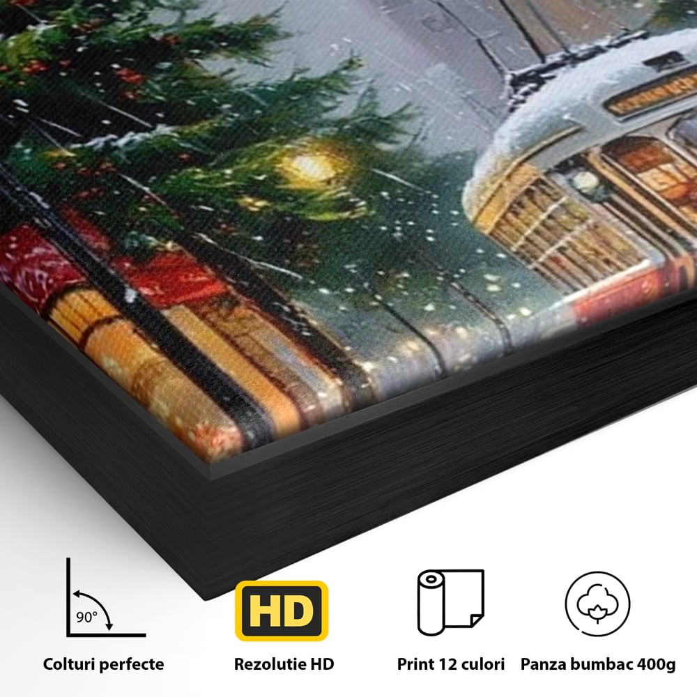 Tablou Canvas Premium, LuxCanva® D1136, Tramvaiul Rosu in Ajun, Iarna, Craciun, Strada, Tramvai, Rosu, Ninsoare, Oras, Urban, Plimbare, Pieton, Stralucire, Lampi, Living, Dormitor