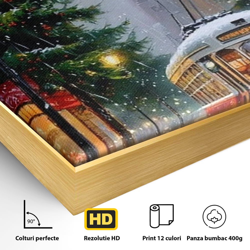 Tablou Canvas Premium, LuxCanva® D1136, Tramvaiul Rosu in Ajun, Iarna, Craciun, Strada, Tramvai, Rosu, Ninsoare, Oras, Urban, Plimbare, Pieton, Stralucire, Lampi, Living, Dormitor
