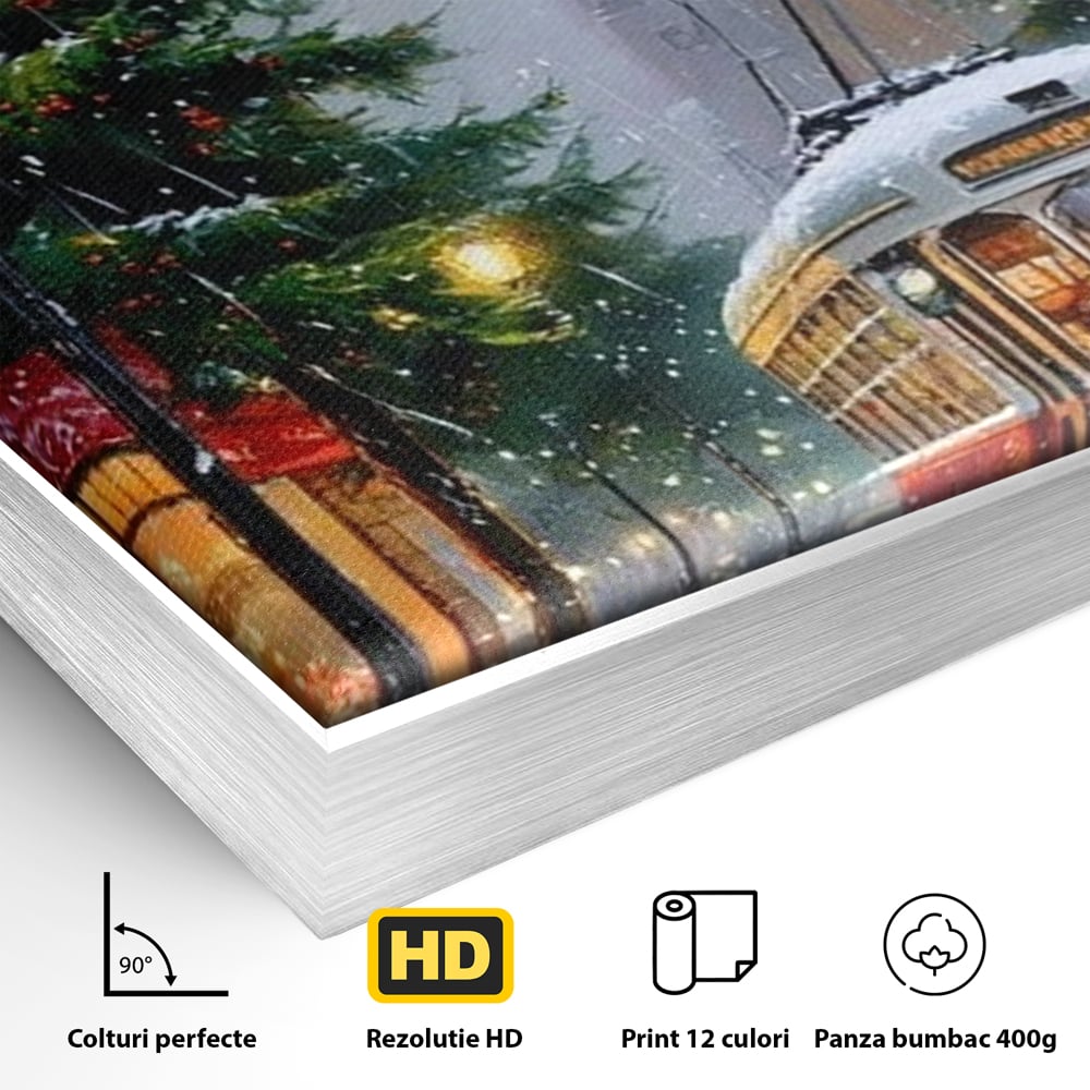 Tablou Canvas Premium, LuxCanva® D1136, Tramvaiul Rosu in Ajun, Iarna, Craciun, Strada, Tramvai, Rosu, Ninsoare, Oras, Urban, Plimbare, Pieton, Stralucire, Lampi, Living, Dormitor