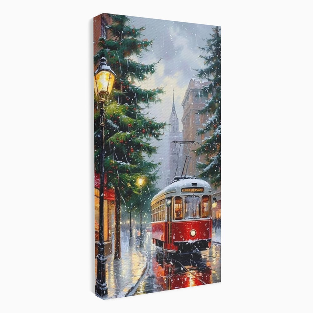 Tablou Canvas Premium, LuxCanva® D1136, Tramvaiul Rosu in Ajun, Iarna, Craciun, Strada, Tramvai, Rosu, Ninsoare, Oras, Urban, Plimbare, Pieton, Stralucire, Lampi, Living, Dormitor