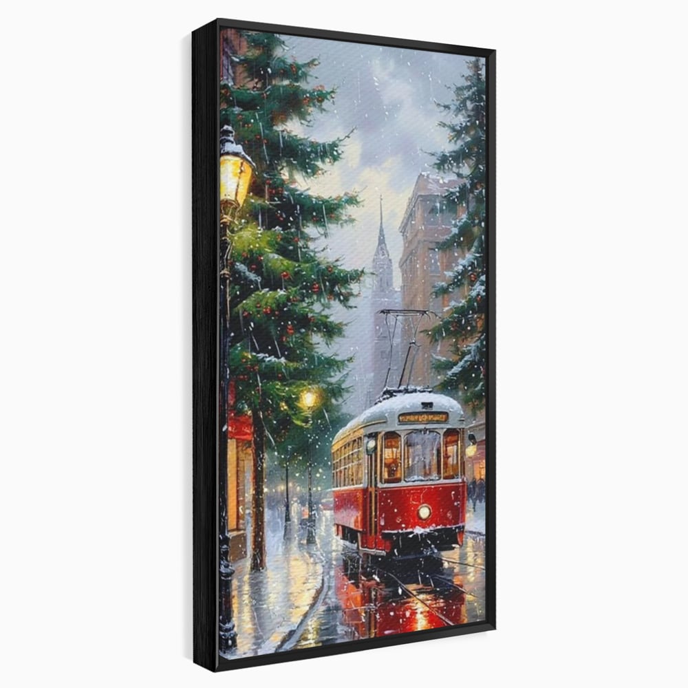 Tablou Canvas Premium, LuxCanva® D1136, Tramvaiul Rosu in Ajun, Iarna, Craciun, Strada, Tramvai, Rosu, Ninsoare, Oras, Urban, Plimbare, Pieton, Stralucire, Lampi, Living, Dormitor