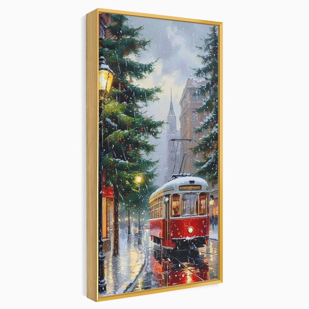 Tablou Canvas Premium, LuxCanva® D1136, Tramvaiul Rosu in Ajun, Iarna, Craciun, Strada, Tramvai, Rosu, Ninsoare, Oras, Urban, Plimbare, Pieton, Stralucire, Lampi, Living, Dormitor