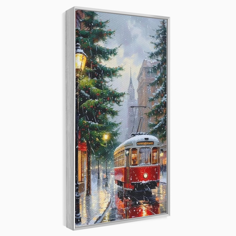 Tablou Canvas Premium, LuxCanva® D1136, Tramvaiul Rosu in Ajun, Iarna, Craciun, Strada, Tramvai, Rosu, Ninsoare, Oras, Urban, Plimbare, Pieton, Stralucire, Lampi, Living, Dormitor