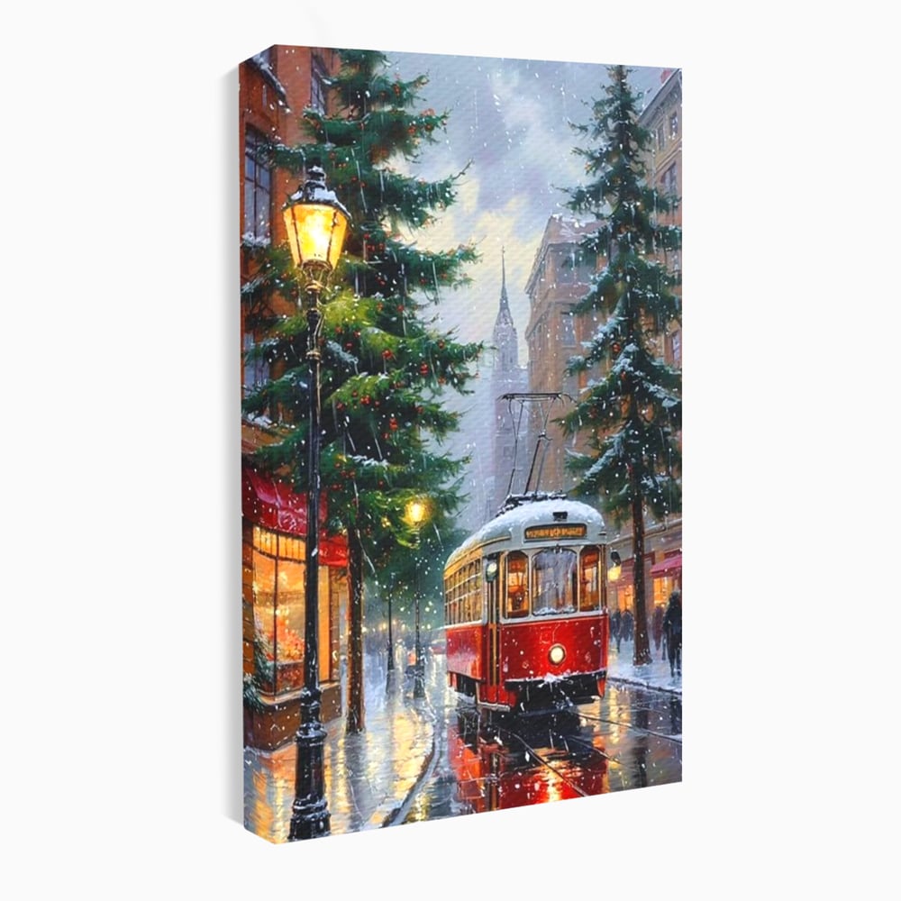 Tablou Canvas Premium, LuxCanva® D1136, Tramvaiul Rosu in Ajun, Iarna, Craciun, Strada, Tramvai, Rosu, Ninsoare, Oras, Urban, Plimbare, Pieton, Stralucire, Lampi, Living, Dormitor