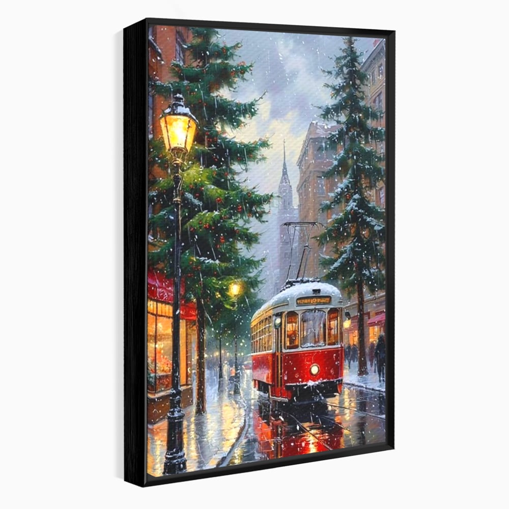 Tablou Canvas Premium, LuxCanva® D1136, Tramvaiul Rosu in Ajun, Iarna, Craciun, Strada, Tramvai, Rosu, Ninsoare, Oras, Urban, Plimbare, Pieton, Stralucire, Lampi, Living, Dormitor