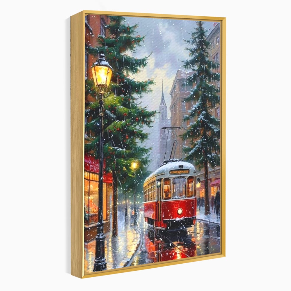 Tablou Canvas Premium, LuxCanva® D1136, Tramvaiul Rosu in Ajun, Iarna, Craciun, Strada, Tramvai, Rosu, Ninsoare, Oras, Urban, Plimbare, Pieton, Stralucire, Lampi, Living, Dormitor