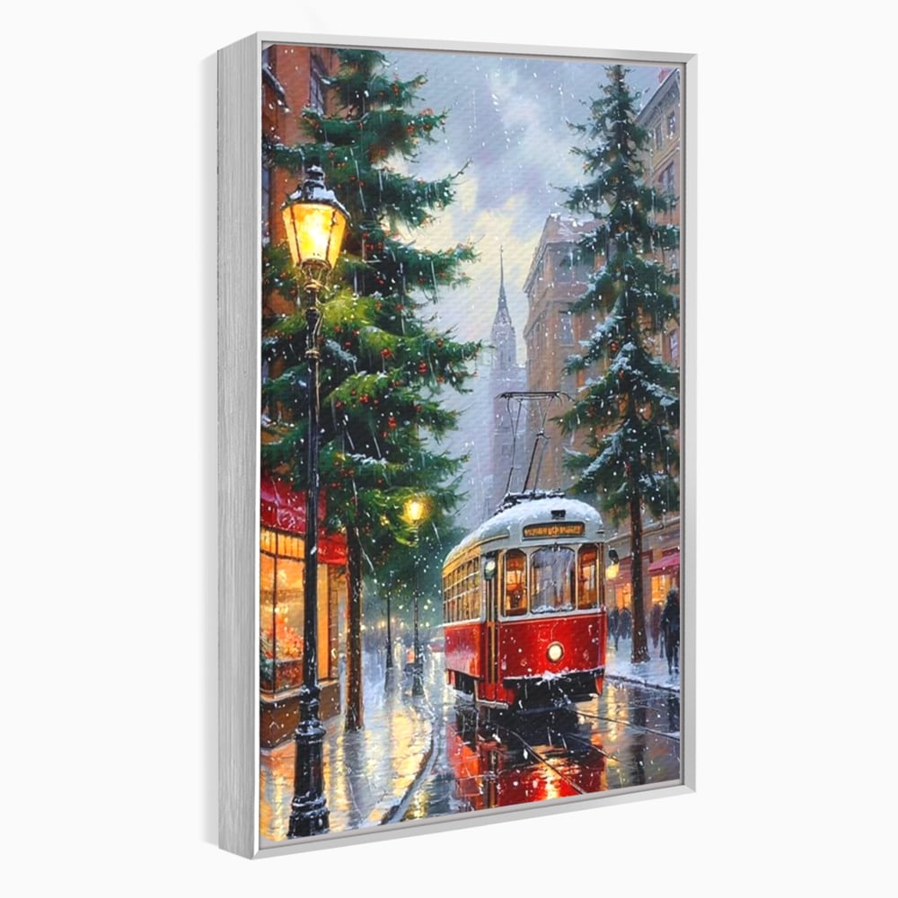Tablou Canvas Premium, LuxCanva® D1136, Tramvaiul Rosu in Ajun, Iarna, Craciun, Strada, Tramvai, Rosu, Ninsoare, Oras, Urban, Plimbare, Pieton, Stralucire, Lampi, Living, Dormitor