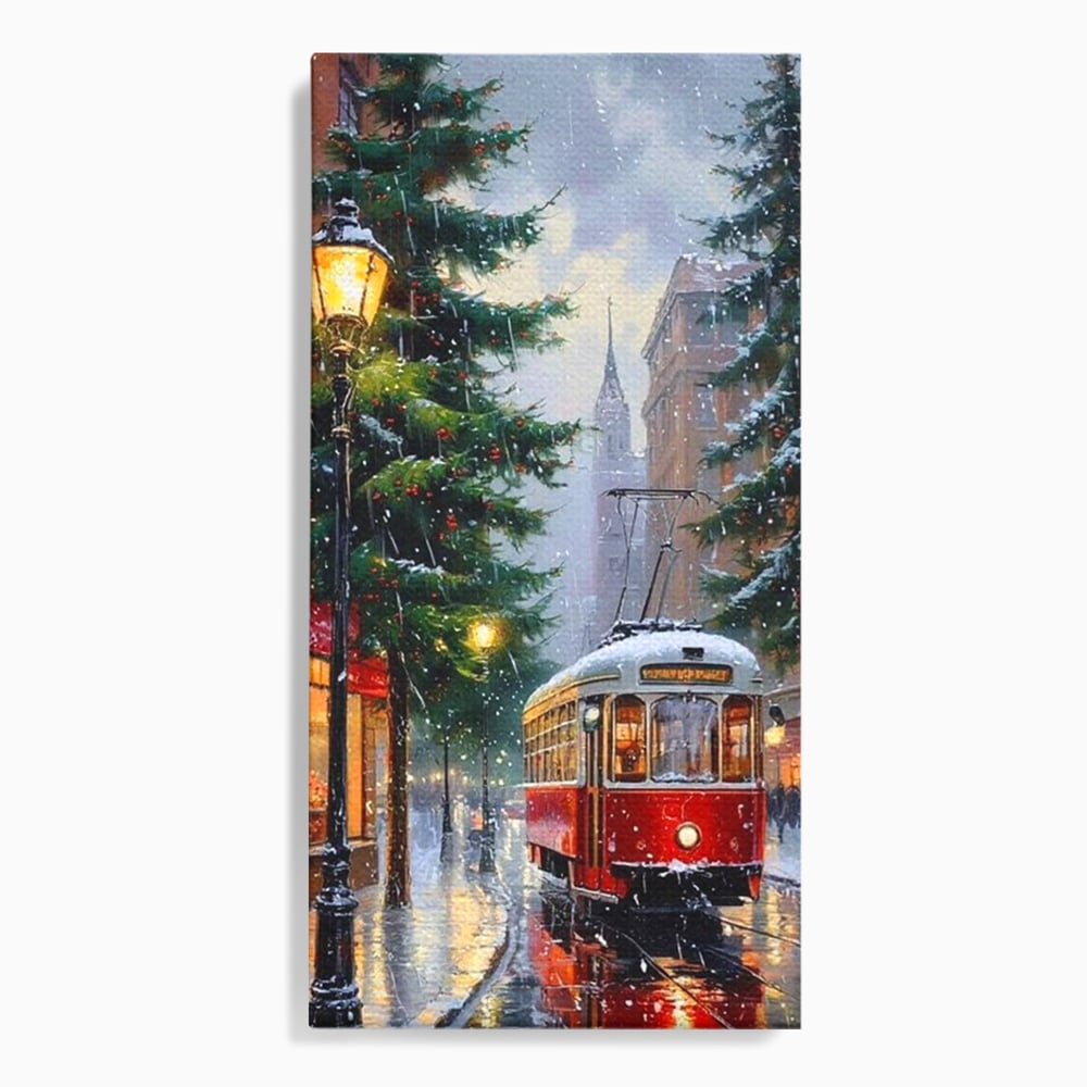 Tablou Canvas Premium, LuxCanva® D1136, Tramvaiul Rosu in Ajun, Iarna, Craciun, Strada, Tramvai, Rosu, Ninsoare, Oras, Urban, Plimbare, Pieton, Stralucire, Lampi, Living, Dormitor