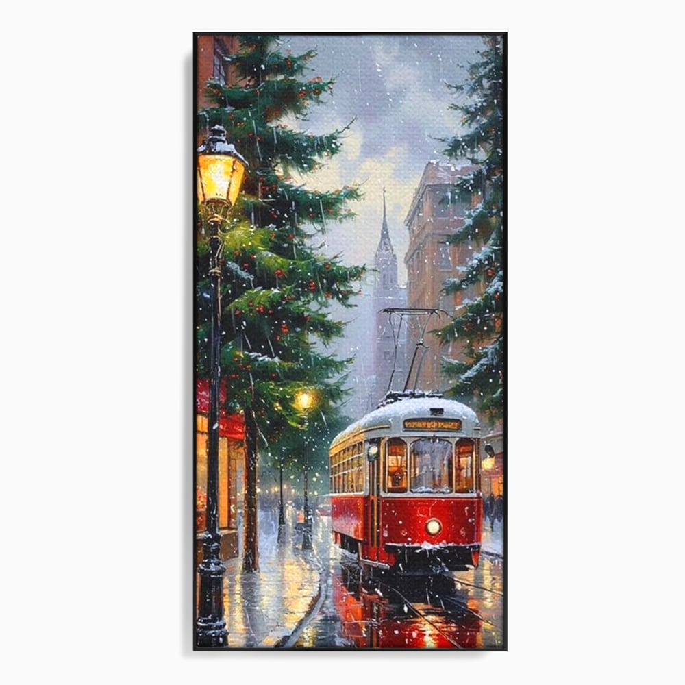 Tablou Canvas Premium, LuxCanva® D1136, Tramvaiul Rosu in Ajun, Iarna, Craciun, Strada, Tramvai, Rosu, Ninsoare, Oras, Urban, Plimbare, Pieton, Stralucire, Lampi, Living, Dormitor
