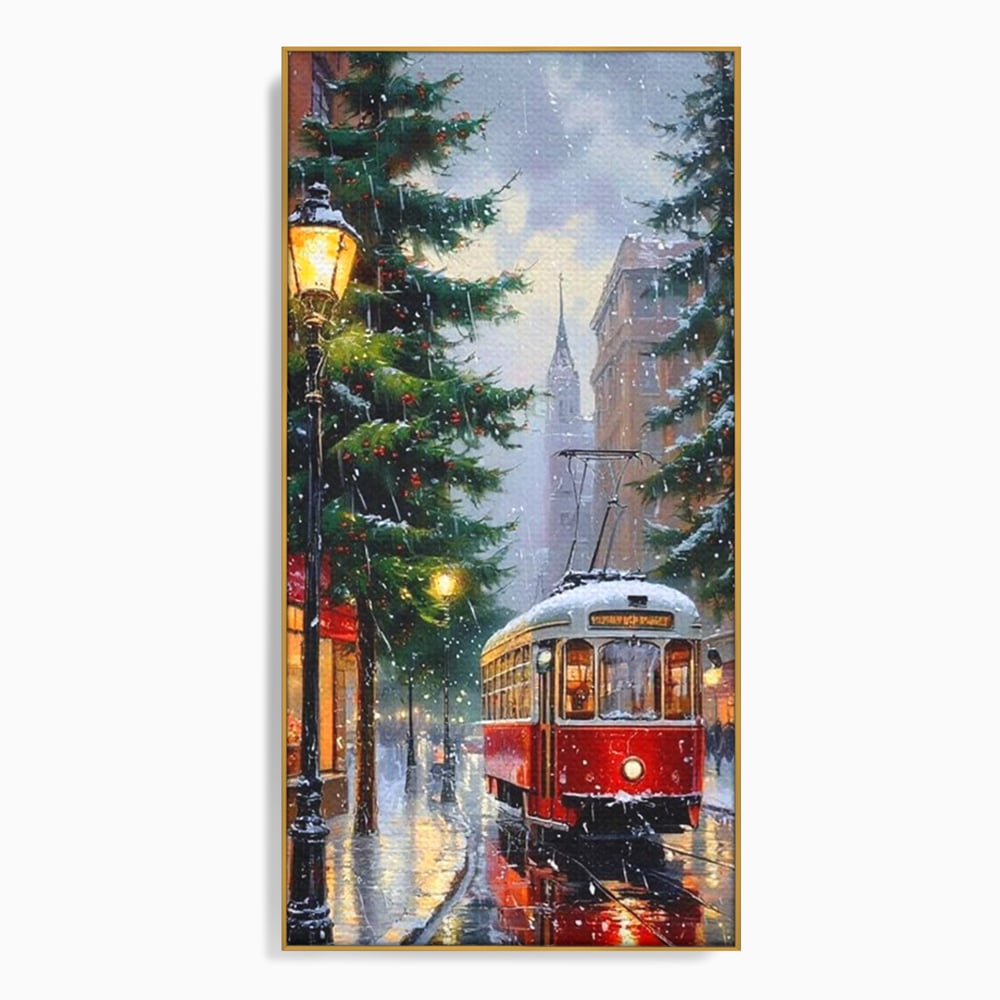 Tablou Canvas Premium, LuxCanva® D1136, Tramvaiul Rosu in Ajun, Iarna, Craciun, Strada, Tramvai, Rosu, Ninsoare, Oras, Urban, Plimbare, Pieton, Stralucire, Lampi, Living, Dormitor