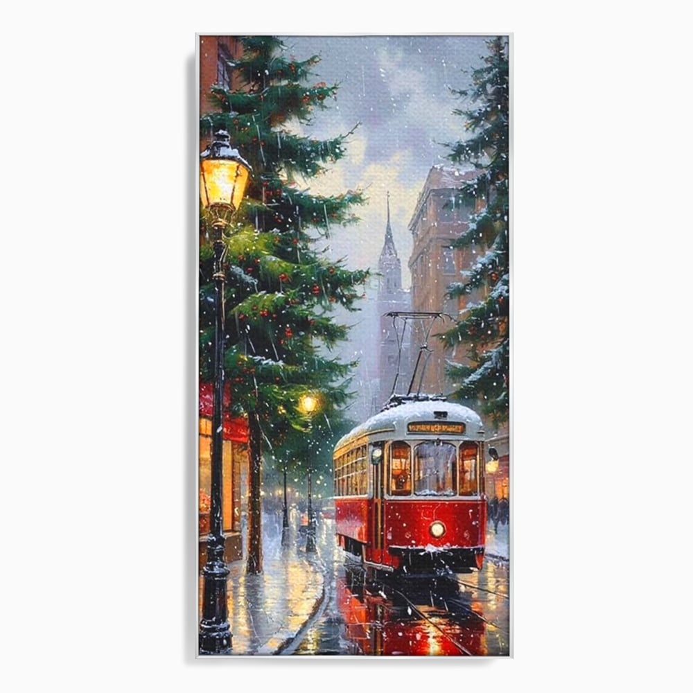 Tablou Canvas Premium, LuxCanva® D1136, Tramvaiul Rosu in Ajun, Iarna, Craciun, Strada, Tramvai, Rosu, Ninsoare, Oras, Urban, Plimbare, Pieton, Stralucire, Lampi, Living, Dormitor