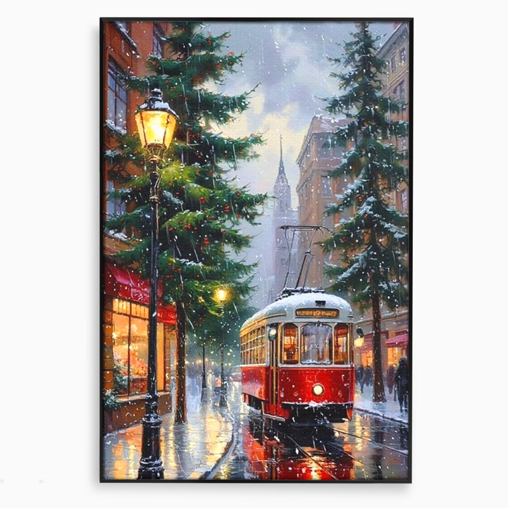 Tablou Canvas Premium, LuxCanva® D1136, Tramvaiul Rosu in Ajun, Iarna, Craciun, Strada, Tramvai, Rosu, Ninsoare, Oras, Urban, Plimbare, Pieton, Stralucire, Lampi, Living, Dormitor