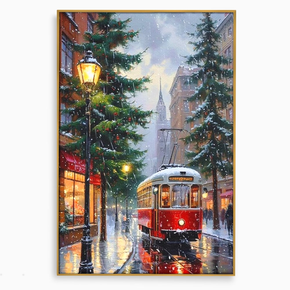 Tablou Canvas Premium, LuxCanva® D1136, Tramvaiul Rosu in Ajun, Iarna, Craciun, Strada, Tramvai, Rosu, Ninsoare, Oras, Urban, Plimbare, Pieton, Stralucire, Lampi, Living, Dormitor