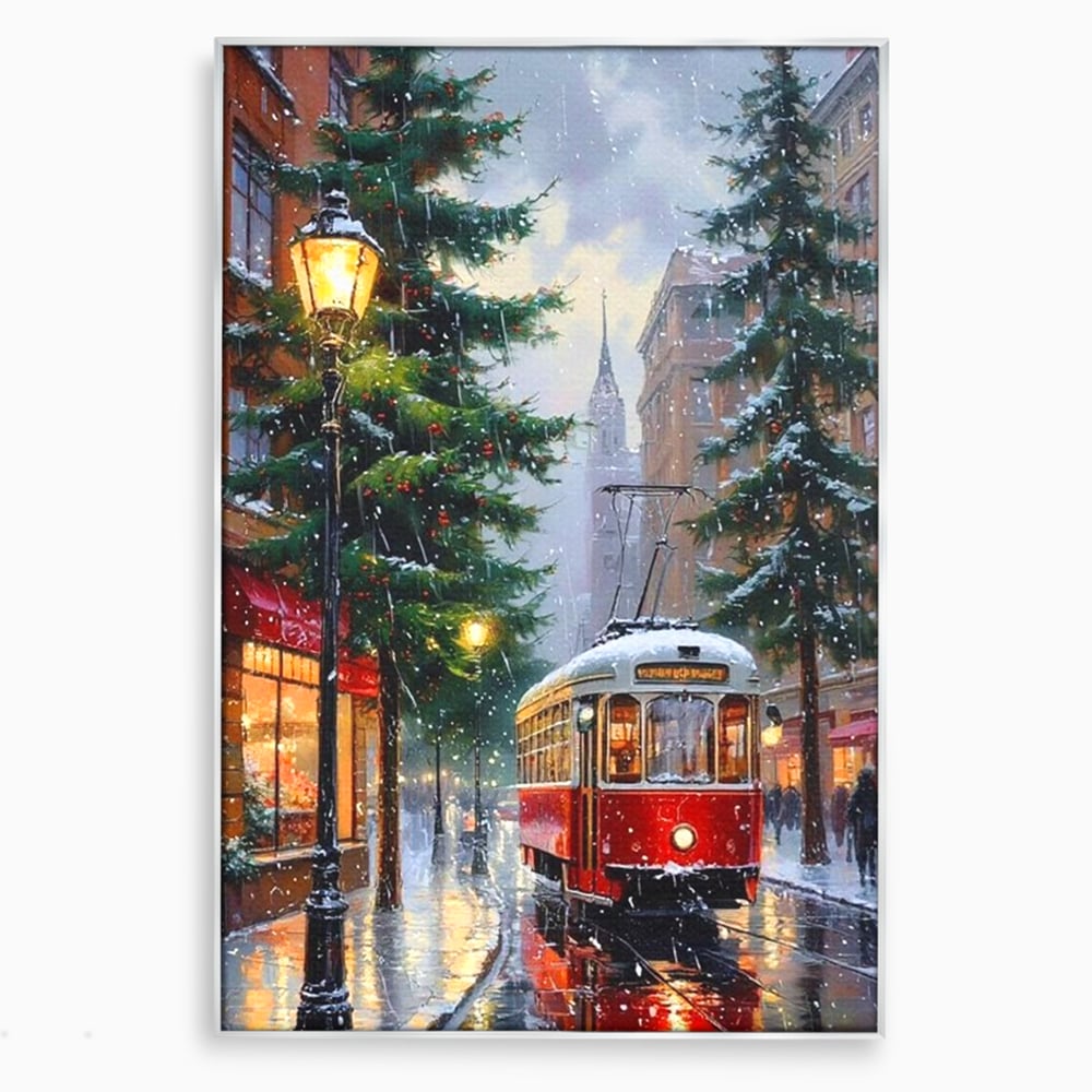 Tablou Canvas Premium, LuxCanva® D1136, Tramvaiul Rosu in Ajun, Iarna, Craciun, Strada, Tramvai, Rosu, Ninsoare, Oras, Urban, Plimbare, Pieton, Stralucire, Lampi, Living, Dormitor