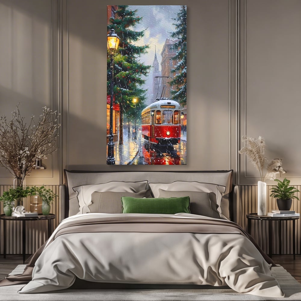 Tablou Canvas Premium, LuxCanva® D1136, Tramvaiul Rosu in Ajun, Iarna, Craciun, Strada, Tramvai, Rosu, Ninsoare, Oras, Urban, Plimbare, Pieton, Stralucire, Lampi, Living, Dormitor
