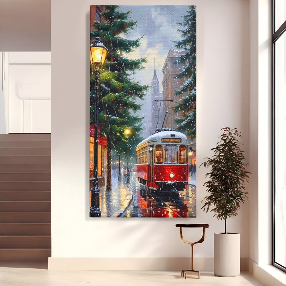 Tablou Canvas Premium, LuxCanva® D1136, Tramvaiul Rosu in Ajun, Iarna, Craciun, Strada, Tramvai, Rosu, Ninsoare, Oras, Urban, Plimbare, Pieton, Stralucire, Lampi, Living, Dormitor