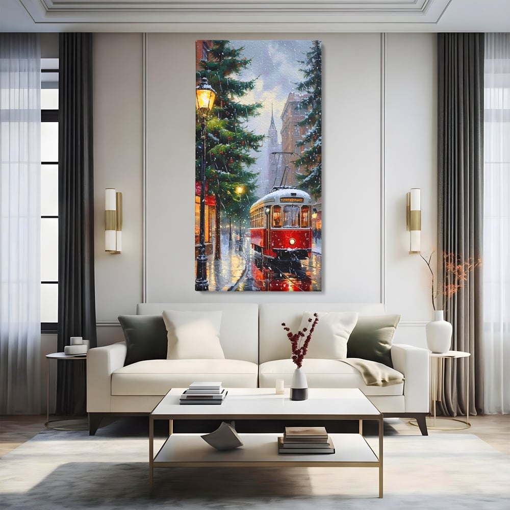 Tablou Canvas Premium, LuxCanva® D1136, Tramvaiul Rosu in Ajun, Iarna, Craciun, Strada, Tramvai, Rosu, Ninsoare, Oras, Urban, Plimbare, Pieton, Stralucire, Lampi, Living, Dormitor