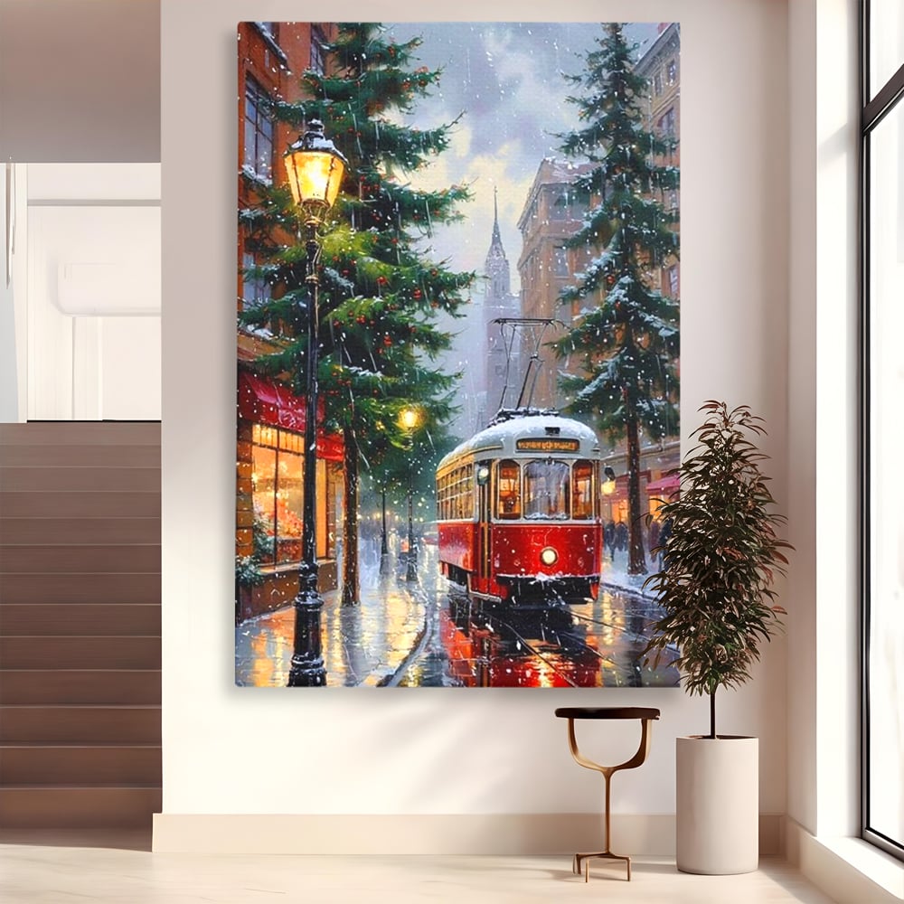Tablou Canvas Premium, LuxCanva® D1136, Tramvaiul Rosu in Ajun, Iarna, Craciun, Strada, Tramvai, Rosu, Ninsoare, Oras, Urban, Plimbare, Pieton, Stralucire, Lampi, Living, Dormitor